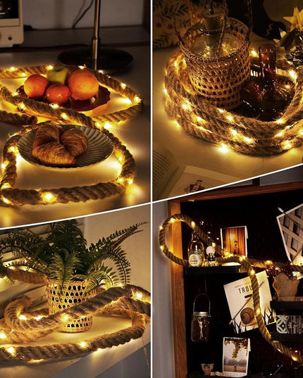 Instalatie Luminoasa, cu Fir de Cupru,60 LED-uri, Model Sfoara de Canepa, cu Baterii, 8 Jocuri de Lumini, IP44