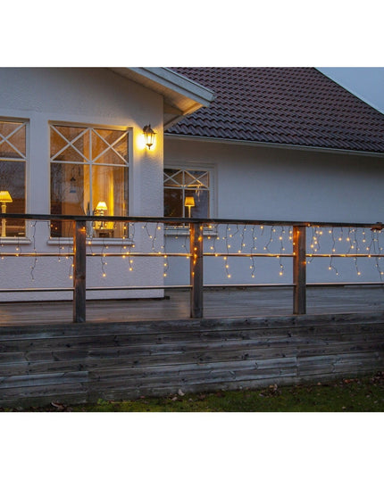 Instalatie Solara Craciun Turturi, IP44, 5 m, 143 Led-uri, Perdea Franjurata, cald, 8 jocuri de lumini, cu Telecomanda, 31V, 250 mAh, Acumulator de 1200 mAh, Exterior, Prelungitor 3 m inclus, Fir