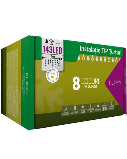 Instalatie Solara Craciun Turturi, IP44, 5 m, 143 Led-uri, Perdea Franjurata, cald, 8 jocuri de lumini, cu Telecomanda, 31V, 500 mAh, Acumulator de 2400 mAh, Exterior, Prelungitor 5 m inclus, Fir