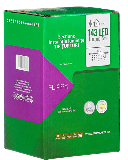 Instalatie Solara Craciun Turturi, IP44, 5 m, 143 Led-uri, Perdea Franjurata, cald, 8 jocuri de lumini, cu Telecomanda, 31V, 500 mAh, Acumulator de 2400 mAh, Exterior, Prelungitor 5 m inclus, Fir