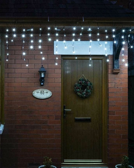 Instalatie Solara Craciun Turturi, IP44, 5 m, 143 Led-uri, Perdea Franjurata, rece, 8 jocuri de lumini, cu Telecomanda, 31V, 250 mAh, Acumulator de 1200 mAh, Exterior, Prelungitor 5 m inclus, Fir