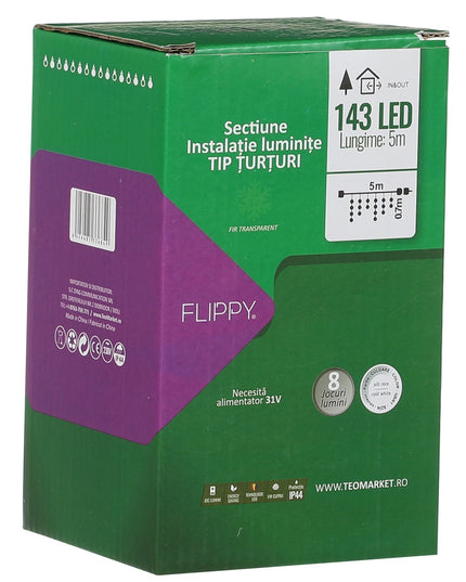 Instalatie Solara Craciun Turturi, IP44, 5 m, 143 Led-uri, Perdea Franjurata, rece, 8 jocuri de lumini, cu Telecomanda, 31V, 250 mAh, Acumulator de 1200 mAh, Exterior, Prelungitor 5 m inclus, Fir