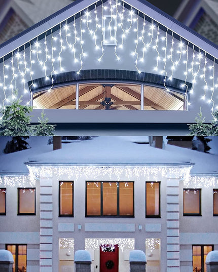 Instalatie Solara Craciun Turturi, IP44, 5 m, 143 Led-uri, Perdea Franjurata,8 jocuri de lumini, cu Telecomanda, 31V, 500 mAh, Acumulator de 2400 mAh, Exterior, Prelungitor 5 m inclus, Fir