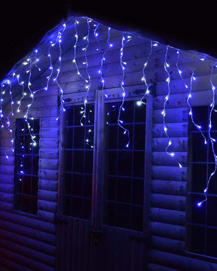 Instalatie Solara Craciun Turturi, IP44, 5 m, 143 Led-uri, Perdea Franjurata, rece, 8 jocuri de lumini, cu Telecomanda, 31V, 250 mAh, Acumulator de 1200 mAh, Exterior, Prelungitor 5 m inclus, Fir