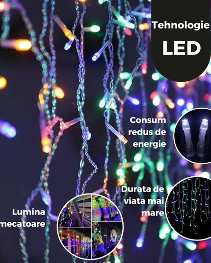 Instalatie Solara Craciun Turturi, IP44, 5 m, 143 Led-uri, Perdea Franjurata, RB-RG, 8 jocuri de lumini, cu Telecomanda, 31V, 500 mAh, Acumulator de 2400 mAh, Exterior, Prelungitor 5 m inclus, Fir