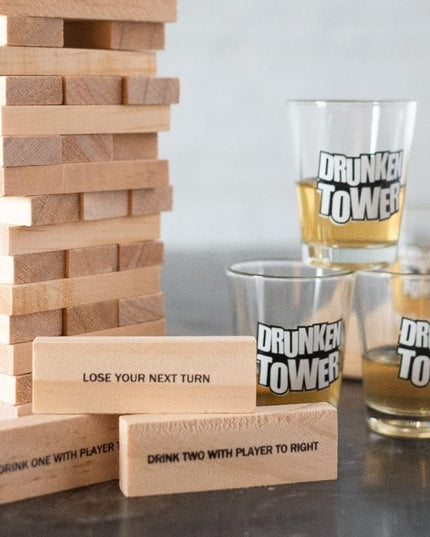 Joc de Baut Jenga Turnul Betivului din Lemn, Piese cu Provocari, Pahare de Shot din Sticla Incluse, 19 x 7 x 20 cm