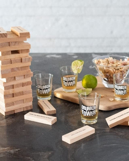 Joc de Baut Jenga Turnul Betivului din Lemn, Piese cu Provocari, Pahare de Shot din Sticla Incluse, 19 x 7 x 20 cm
