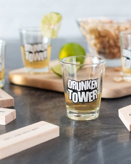 Joc de Baut Jenga Turnul Betivului din Lemn, Piese cu Provocari, Pahare de Shot din Sticla Incluse, 19 x 7 x 20 cm