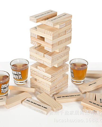 Joc de Baut Jenga Turnul Betivului din Lemn, Piese cu Provocari, Pahare de Shot din Sticla Incluse, 19 x 7 x 20 cm