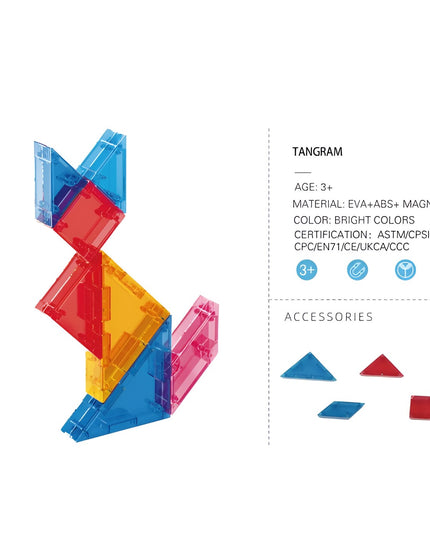 Joc Magnetic Tangram, 7 Piese Magnetice, Forme Geometrice, 3 Ani, EVA, ABS, Magnet, 10.5 x 10.5 x 2.2 cm