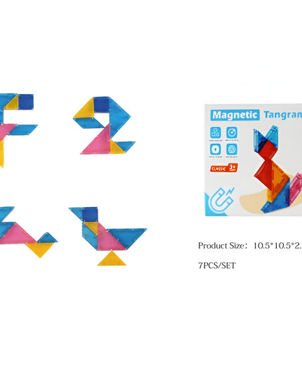 Joc Magnetic Tangram, 7 Piese Magnetice, Forme Geometrice, 3 Ani, EVA, ABS, Magnet, 10.5 x 10.5 x 2.2 cm
