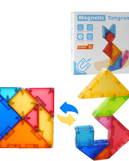 Joc Magnetic Tangram, 7 Piese Magnetice, Forme Geometrice, 3 Ani, EVA, ABS, Magnet, 10.5 x 10.5 x 2.2 cm