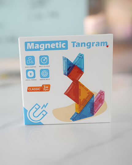 Joc Magnetic Tangram, 7 Piese Magnetice, Forme Geometrice, 3 Ani, EVA, ABS, Magnet, 10.5 x 10.5 x 2.2 cm
