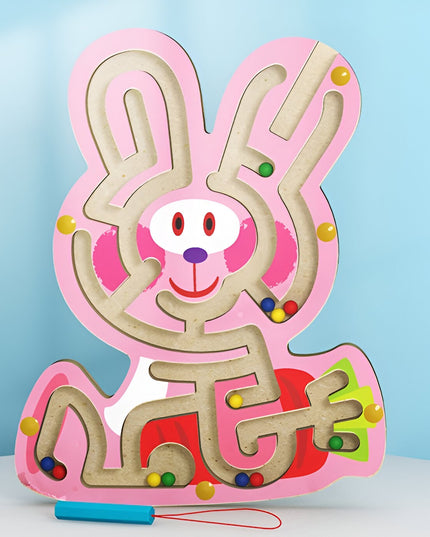 Joc Montessori cu Bile, Creion Magnetic, Tip Labirint, din Lemn, Model Iepuras, 19.5x15.5 cm