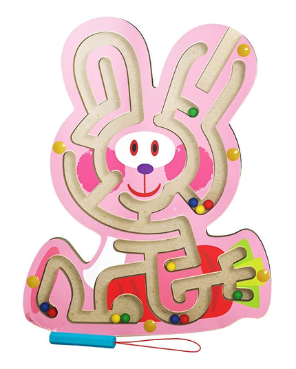 Joc Montessori cu Bile, Creion Magnetic, Tip Labirint, din Lemn, Model Iepuras, 19.5x15.5 cm