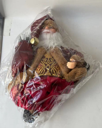 Figurina Decorativa Craciun, Mos Craciun Asezat cu Sac si Felinar,Material Plastic+Textil, Interior/Exterior