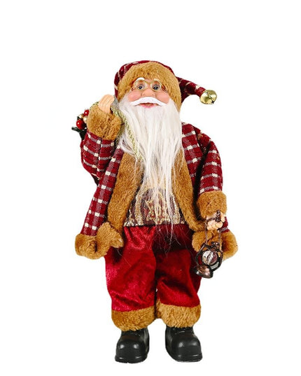 Figurina Decorativa Craciun, Mos Craciun Asezat cu Sac si Felinar,Material Plastic+Textil, Interior/Exterior