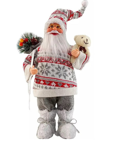 Figurina Decorativa Craciun, Mos Craciun cu Flori si Urs,Material Plastic+Textil, Interior/Exterior