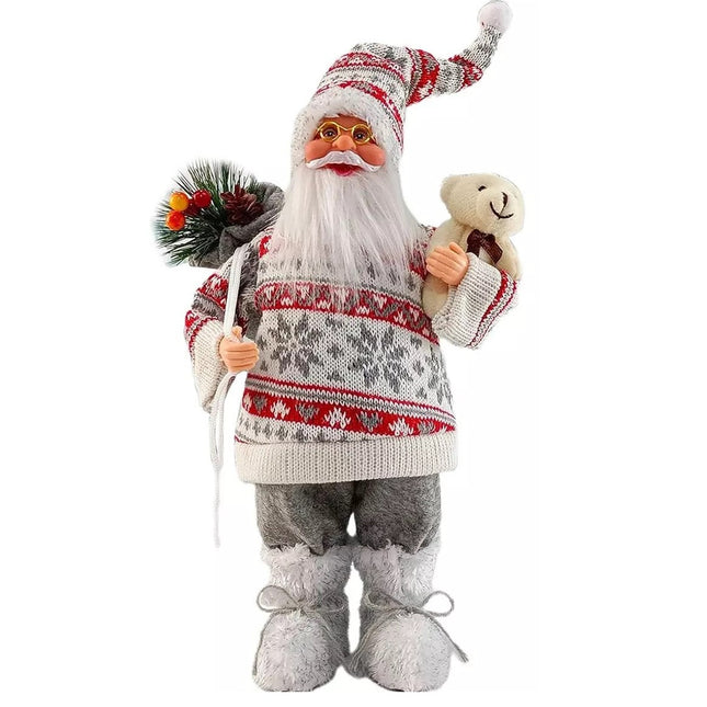 Figurina Decorativa Craciun, Mos Craciun cu Flori si Urs,Material Plastic+Textil, Interior/Exterior