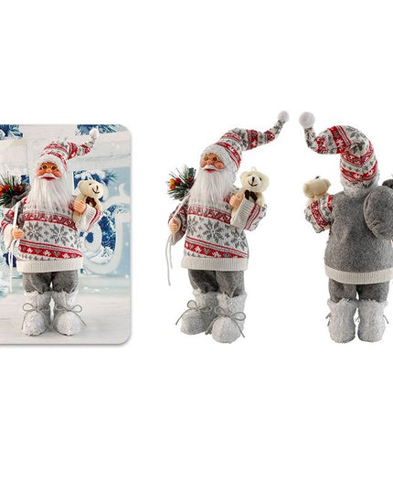 Figurina Decorativa Craciun, Mos Craciun cu Flori si Urs,Material Plastic+Textil, Interior/Exterior