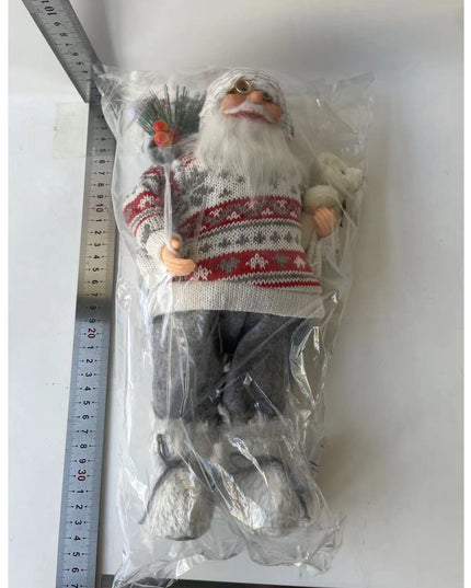 Figurina Decorativa Craciun, Mos Craciun cu Flori si Urs,Material Plastic+Textil, Interior/Exterior