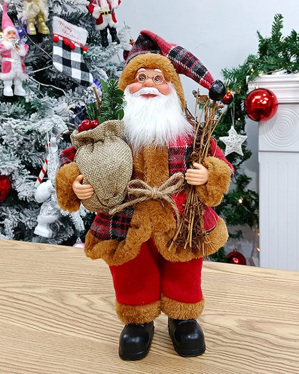 Figurina Decorativa Craciun, Mos Craciun Asezat cu Surcele la Brat,Material Plastic+Textil, Interior/Exterior