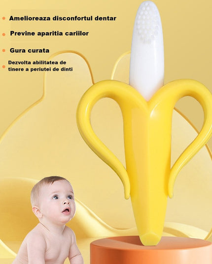 Jucarie dentitie bebelusi banana, cu manere de prindere, material silicon non-toxic, fara miros, 10.5x5.9 cm