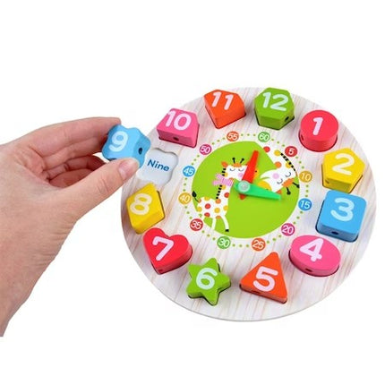 Jucarie Educativa Tip Montessori, Model Ceas Girafa, din Lemn, + 36 Luni, 12 Piese, 17 cm