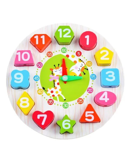 Jucarie Educativa Tip Montessori, Model Ceas Girafa, din Lemn, + 36 Luni, 12 Piese, 17 cm