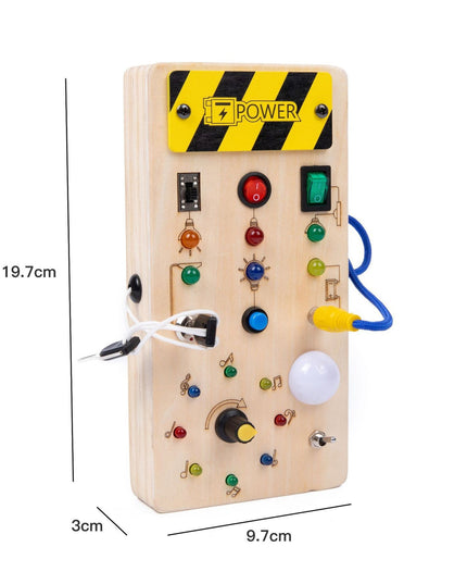 Jucarie Educativa Montessori pentru Copii, Model Busy Board, Tableta din Lemn cu Circuit Luminos, 36 Comutatoare, Lumini LED, 19,5 x 9,7 x 3