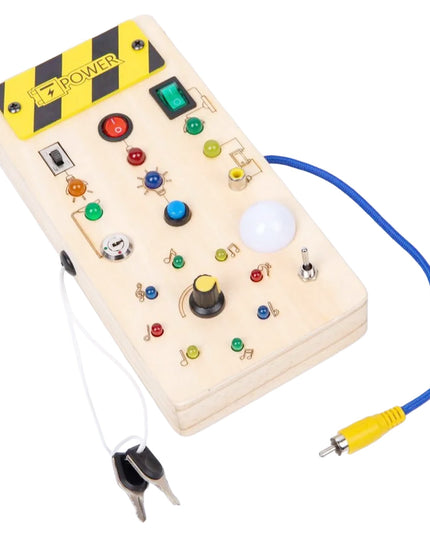 Jucarie Educativa Montessori pentru Copii, Model Busy Board, Tableta din Lemn cu Circuit Luminos, 36 Comutatoare, Lumini LED, 19,5 x 9,7 x 3