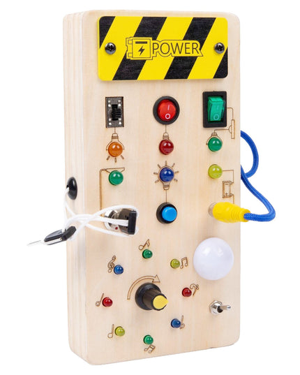 Jucarie Educativa Montessori pentru Copii, Model Busy Board, Tableta din Lemn cu Circuit Luminos, 36 Comutatoare, Lumini LED, 19,5 x 9,7 x 3
