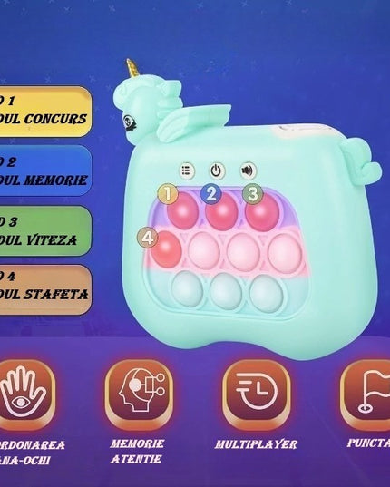 Jucarie Interactiva Tip Consola pentru Copii, 12 Nivele, Diferite Moduri de Joc, Material ABS/silicon, cu Nivele, Sunete si Lumini, 13.5 x 5.5 x 12.5 cm, Model Unicorn