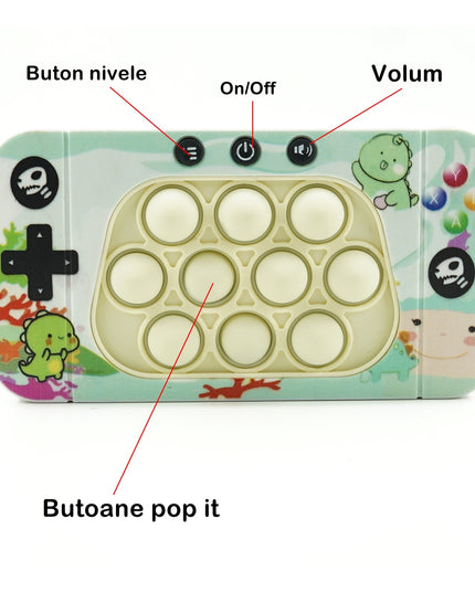 Jucarie interactiva tip consola pentru copii speed push whack-a-mole, joc de viteza pop it, material ABS/silicon, cu nivele, sunete si lumini, 15.5 x 7.6 x 5.3 cm, model dinozaur
