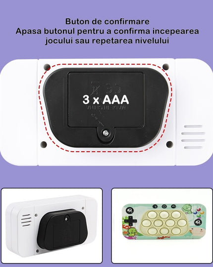 Jucarie interactiva tip consola pentru copii speed push whack-a-mole, joc de viteza pop it, material ABS/silicon, cu nivele, sunete si lumini, 15.5 x 7.6 x 5.3 cm, model dinozaur