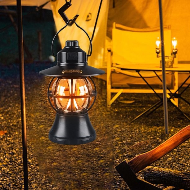Lampă de camping retro portabilă, Felinar Vintage LED ABS, Acumulator inclus 1200 mAh, reincarcabila, inaltime, 3 moduri de iluminare, intensitate reglabila,Lampa portabila pentru cort în aer liber