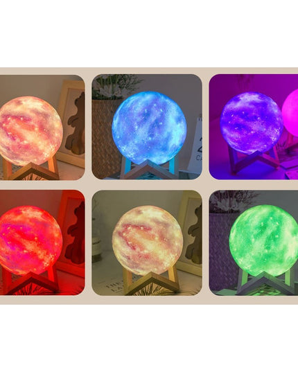 Lampa de veghe in forma de luna cu stele 3D Moon Light 7 culori, alimentare baterii, stand din lemn inclus,