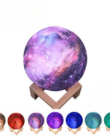 Lampa de veghe in forma de luna cu stele 3D Moon Light 7 culori, alimentare baterii, stand din lemn inclus,