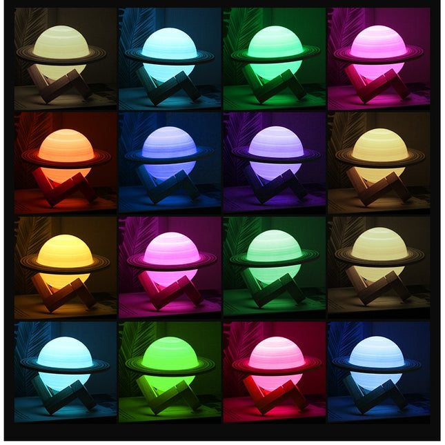 Lampa de veghe cu telecomanda in forma de Saturn 3D Saturn Light 16 culori, alimentare baterii, stand lemn inclus,
