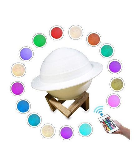 Lampa de veghe cu telecomanda in forma de Saturn 3D Saturn Light 16 culori, alimentare baterii, stand lemn inclus,