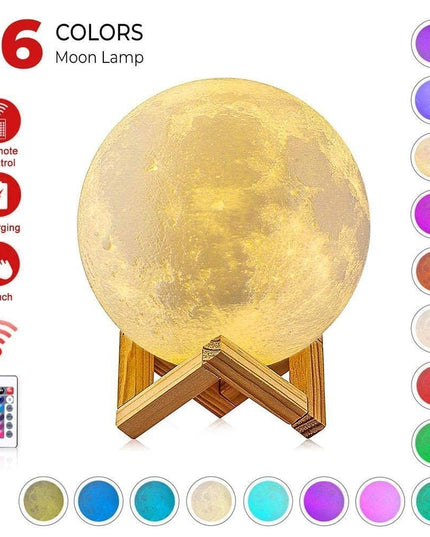 Lampa de veghe in forma de luna cu stele 3D Moon Light, Acumulator integrat, alimentare USB, stand din plastic inclus,16 culori