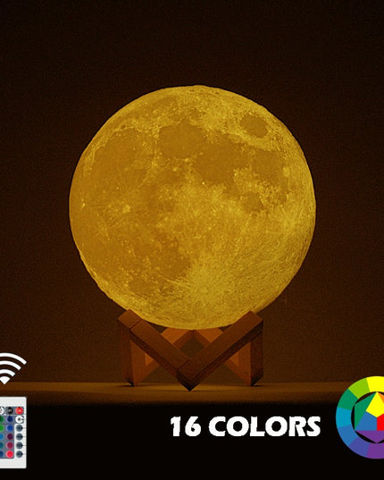 Lampa de veghe in forma de luna cu stele 3D Moon Light, Acumulator integrat, alimentare USB, stand din plastic inclus,16 culori