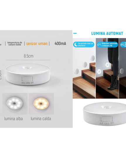 Lampa de Veghe LED, cu Senzor de Miscare, Incarcare USB, 0.6W, 300mAh, Design Rotund