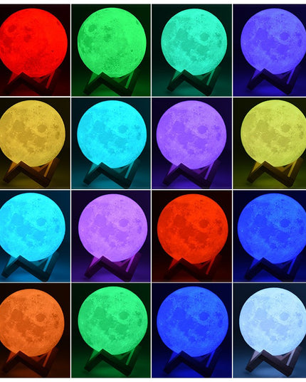 Lampa de veghe luna 3D Moon Light,lumina multicolora cu LED, 7 culori, schimbare culoare prin atingere, alimentare baterii, fara acumulator, stand din plastic inclus,