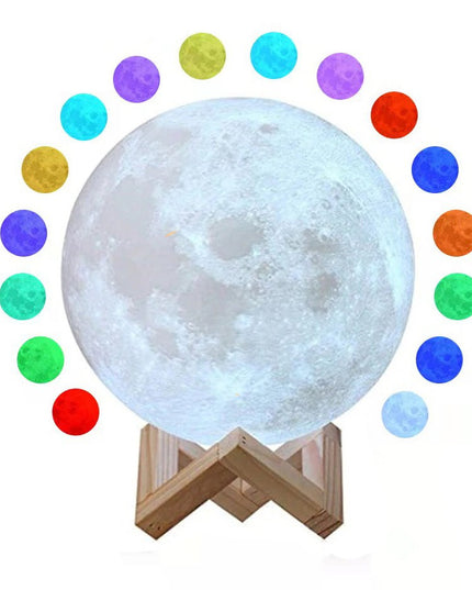 Lampa de veghe luna 3D Moon Light,lumina multicolora cu LED, 7 culori, schimbare culoare prin atingere, alimentare baterii, fara acumulator, stand din plastic inclus,