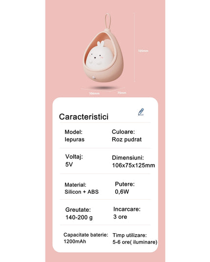 Lampa de veghe portabila cu 2 moduri de functionare silicon non-toxic, reincarcabila USB, senzor miscare