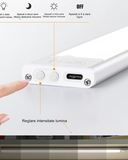 Lampa LED cu Senzor de Lumina si Miscare , Intensitate Reglabila, Suport Magnetic, 79 LED-uri, 114.59lm , Acumulator 600mAh cu Reincarcare prin USB-C, pentru Bucatarie, Hol, Dressing, Garaj
