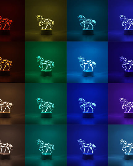 Lampa LED decorativa, 3D, Cal, cu telecomanda, doua moduri de alimentare USB si baterii, inaltime, din material acril si lumina multicolora