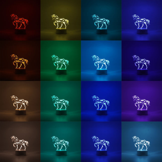 Lampa LED decorativa, 3D, Cal, cu telecomanda, doua moduri de alimentare USB si baterii, inaltime, din material acril si lumina multicolora