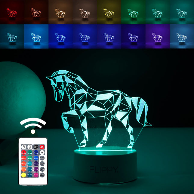 Lampa LED decorativa, 3D, Cal, cu telecomanda, doua moduri de alimentare USB si baterii, inaltime, din material acril si lumina multicolora